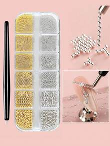 12格美甲珠套装，含1个磁性拾取器，3D立体金银鱼子酱珠金属美甲饰品，宝石混合尺寸金银钢珠美甲设计装饰DIY用品，金属饰品迷你鱼子酱美甲珠水晶装饰 - 彩色 - 查看 3