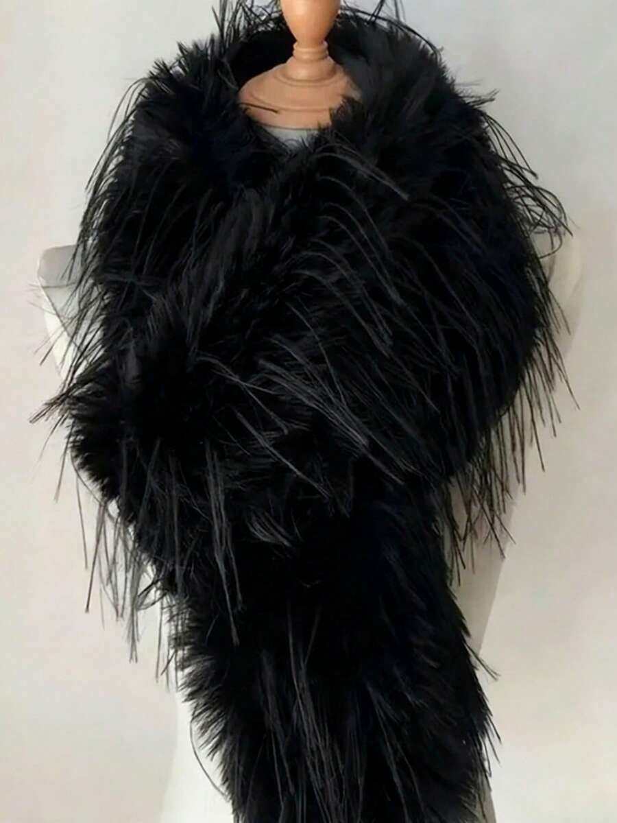 1条长款仿毛皮女士围巾，纯色流苏披肩，适合休闲和正式场合穿着 - 可手洗，奢华厚实，优雅流苏披肩，多功能外套配饰，适合情人节和派对 - 柔软透气领口 - 彩色 - 查看 1