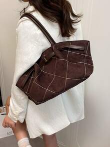 新款刺绣拼接撞色麂皮复古高端女士时尚单肩包手提包多功能特别版精致优雅大容量耐用轻便百搭手提包，适用于工作、旅行、商务、化妆品收纳 - 彩色 - 查看 4