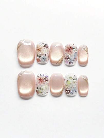 10片装中长椭圆形按压式美甲套装：精致花卉闪粉设计，点缀闪亮细节——轻松打造日常优雅及特殊场合美甲造型