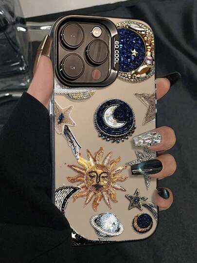 1 pieza Funda de teléfono de concha de plata con diseño de sol y luna colorido, compatible con iPhone 16, nuevo y elegante, personalizado, creativo, anti-caída, elegante, diseño de arte retro de nicho, compatible con iPhone 17/15/14/13/12