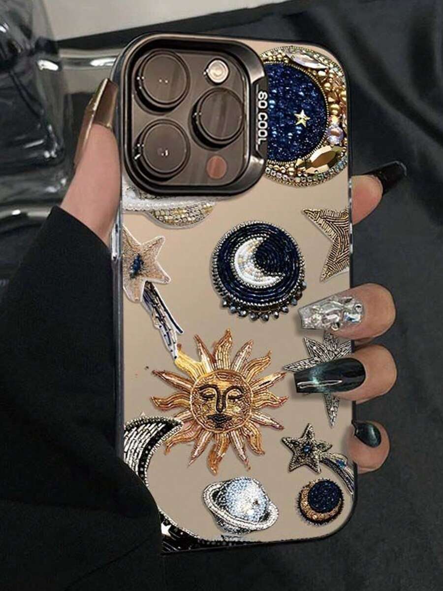 合金月亮元素时尚手机壳 1 件装 日月彩色银色外壳手机壳 兼容 16 新款时尚个性化创意防摔优雅复古艺术小众设计 兼容 17/15/14/13/12 春季礼物 生日周年纪念 - 彩色 - 查看 1