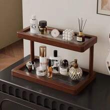 双层竹制台面置物架，配透明亚克力底座 - 防滑节省空间，适用于小空间，多功能收纳架，可存放化妆品、调料、瓶瓶罐罐和篮子，厨房台面收纳架，装饰架，天然饰面