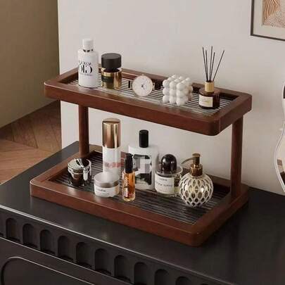 2-Tier Bamboo Countertop Rack With Clear Acrylic Base - Non-Slip Space-Saving Storage, Suitable For Small Spaces, Multifunctional Cosmetics, Spices, Bottles, And Baskets Organizer, Kitchen Countertop Organizer, Decorative Shelf, Natural Finish