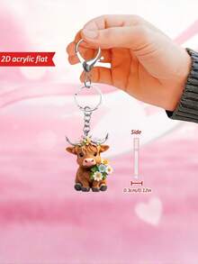 1 Set - Cute Highland Cow Acrylic Bag Charm, Floral Wreath Yak Charm, 2D Acrylic Decorative Pieces, Car Pendant, Adorable Cartoon Calf Keychain - Multicolor - View 3