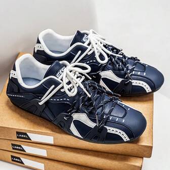 男女通用低帮休闲运动鞋，防滑运动鞋，复古蓝米色撞色设计，圆头系带乐福鞋