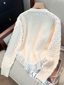 JIANHU Spring New Faux Pearl Button Hollow Knitted Cardigan, Fashionable Lace Splice Hem Design, Sweet And Elegant Long Sleeve Sweater Jacket