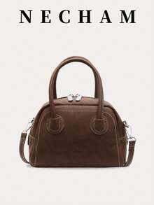 1个复古手提包，小巧的保龄球包风格单肩包，女士款，可调节肩带，波士顿包，适合购物、约会、度假 - 棕色 - 查看 3