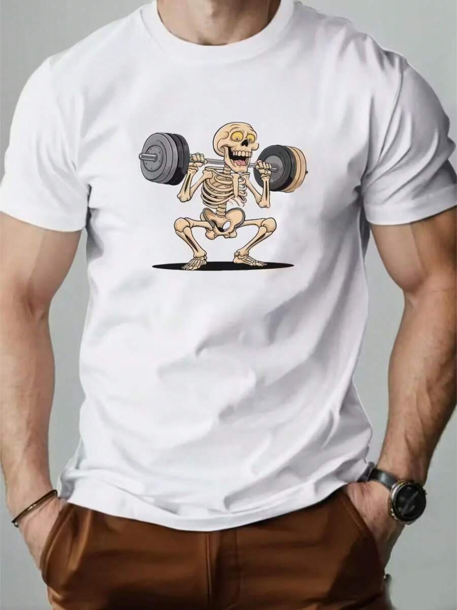 White T-Shirt, 1 pcs Cartoon skeleton lifting dumbbells Cartoon Letter graphic print T-shirt 180g Pure Heavy 100% Cotton T Shirt, Relaxing versatile and comfortable, beach vacation, simple and fashionable, suitable for men - Blanco - Ver 1
