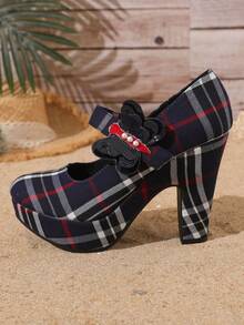 حذاء ماري جين ذو كعب سميك وبلاتفورم مقاوم للماء بتصميم كاروهات حمراء للنساء القصيرات موديل خريف 2024 الجديد - أزرق غامق - مشاهدة 6