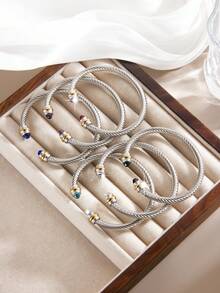 1 pieza Brazalete ajustable de acero inoxidable con alambre retorcido, regalo de joyería vintage para mujeres - pulsera - Ver 2