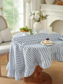 1pc Japanese Style Solid Color Rattan Lotus Edge Round Tablecloth, Woven Fabric, Suitable For Small Gardens, Outdoor Cafes, Kitchens, Bedrooms, All-Season Dining Table Decor - Yarn-dyed Rice Stripe Ruffles - View 6