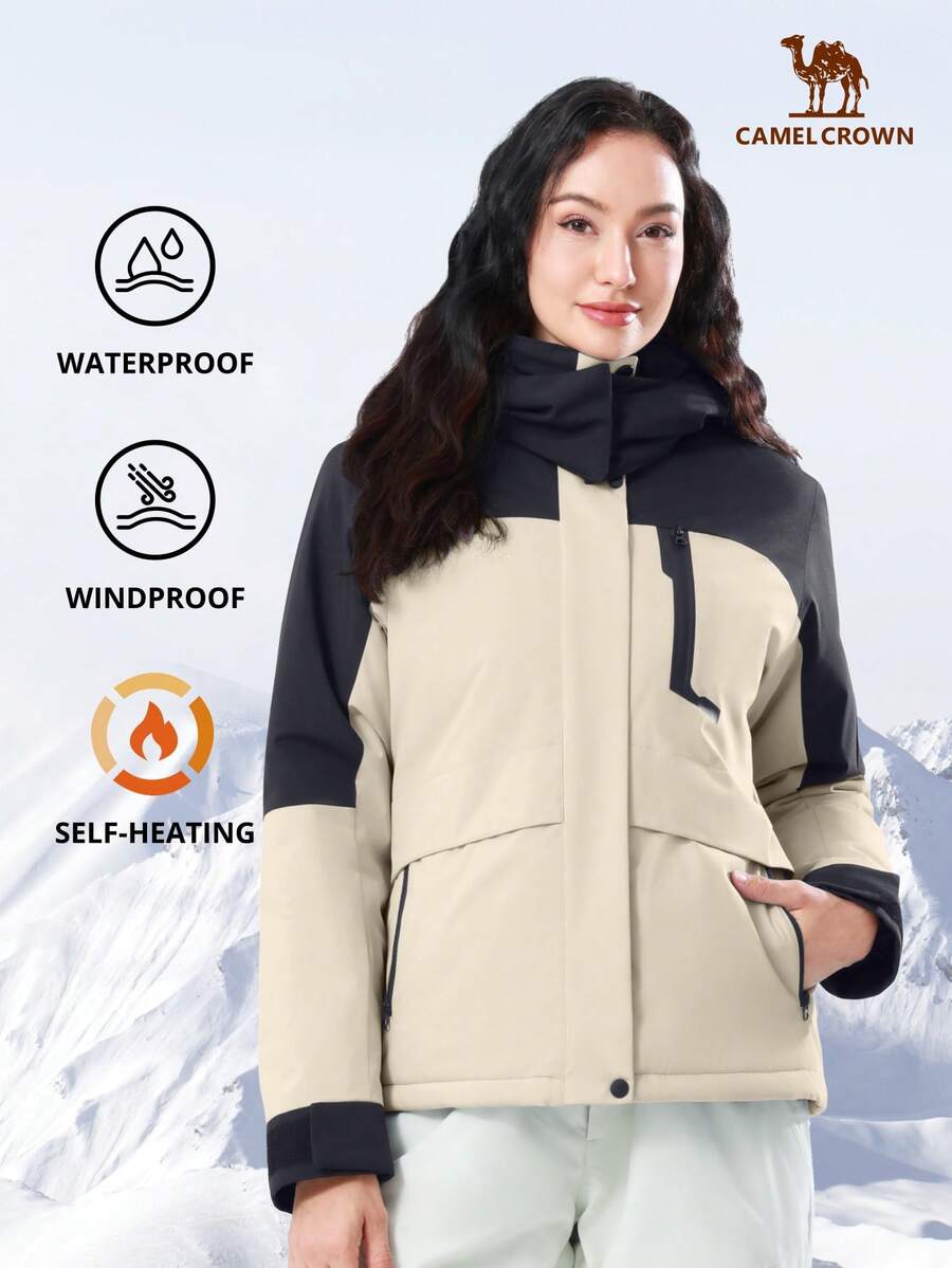 CAMEL CROWN Women's Waterproof Ski Jacket With Fleece Lining, Warm And Windproof Winter Hooded Ski Coat - Beige - View 1