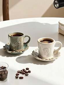 一套咖啡杯+碟，创意复古浮雕花卉图案浓缩咖啡杯碟，独特陶瓷咖啡杯套装，适用于咖啡馆、客厅、餐厅、甜品店