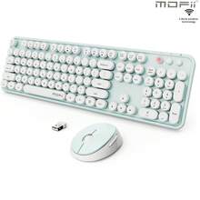 MOFII Juego inalámbrico ergonómico de teclado y mouse 2.4G, combo de teclado y mouse inalámbrico de 104 teclas de tamaño completo con teclas redondas retro, para escritorio/portátil - Blanco y Verde - blanco verde - Ver 8