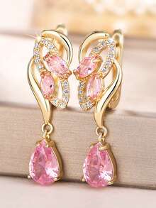 1 Pair Teardrop Pink Birthstone Earrings, Elegant & Luxurious - Gold-powder - View 1