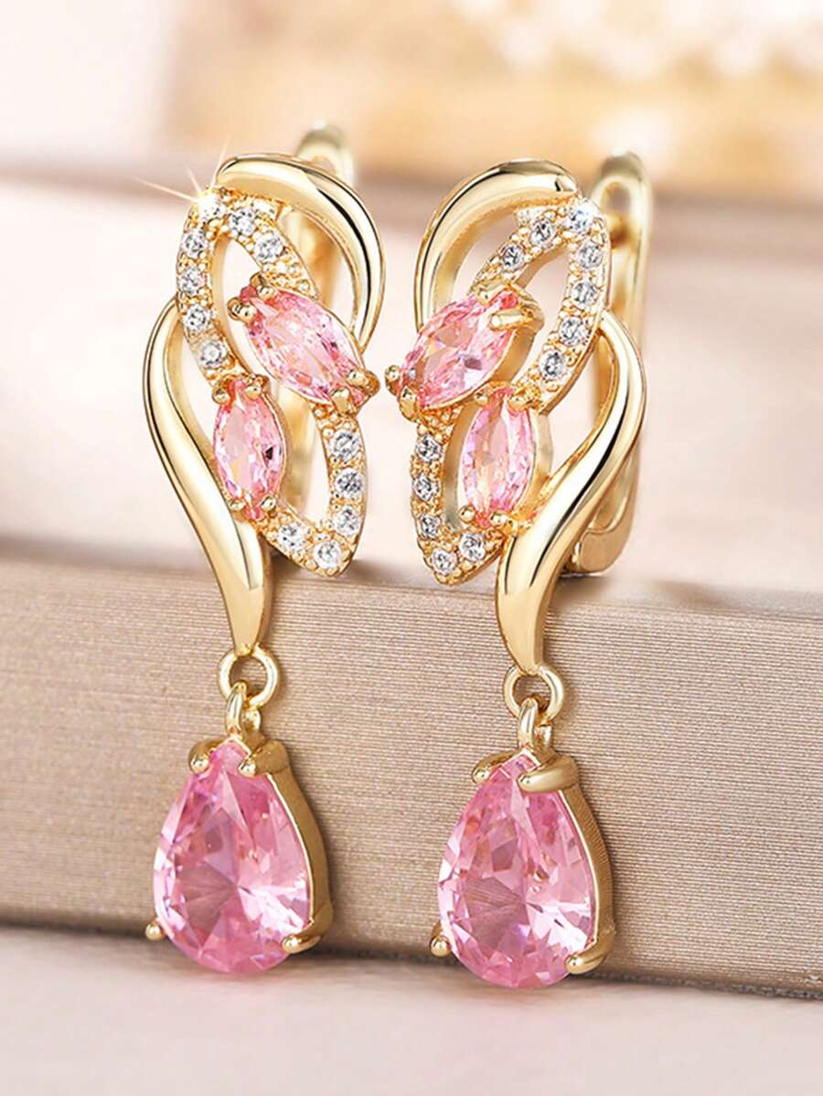 1 Pair Teardrop Pink Birthstone Earrings, Elegant & Luxurious - Gold-powder - View 1