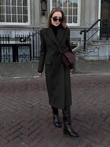 女士优雅翻领时尚通勤休闲羊毛混纺外套，适合新年穿着，黑色春季款 - 黑色 - 查看 6