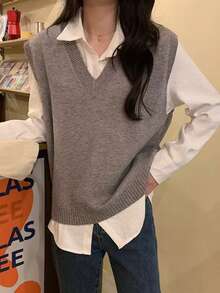 Chaleco de punto con cuello en V de color liso para mujer, adecuado para ocasiones cotidianas. - Gris - Ver 7