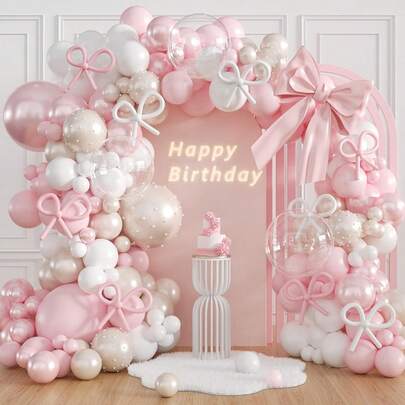 139 Parça Pembe Kurdeleli Balon Kemer Seti, Şeffaf Açık İnci Pembesi ve Beyaz Balonlarla Birlikte, Kurdele Temalı Gelin, Bebek Partisi, Düğün, Doğum Günü Partisi Süslemeleri İçin