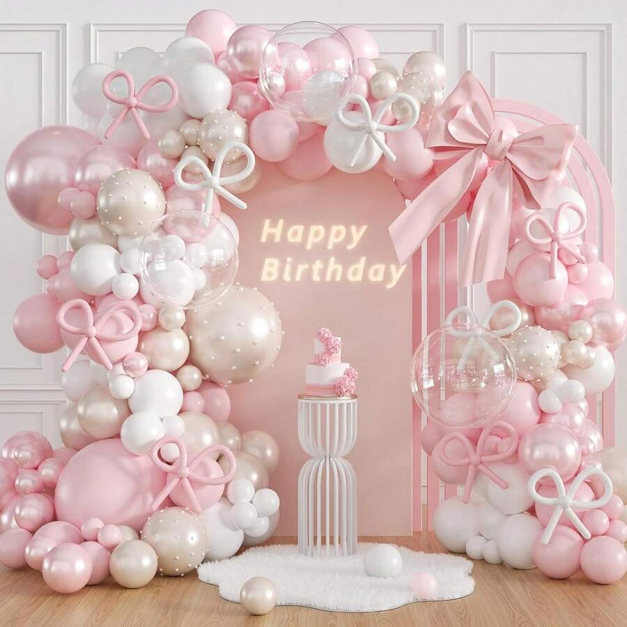 139pcs Pink Bow Balloon Arch Kit With Clear Light Pearl Pink And White Balloons For Coquette Bow Themed Bridal Babyshower Wedding Birthday Party Decorations - Multicolor - View 1