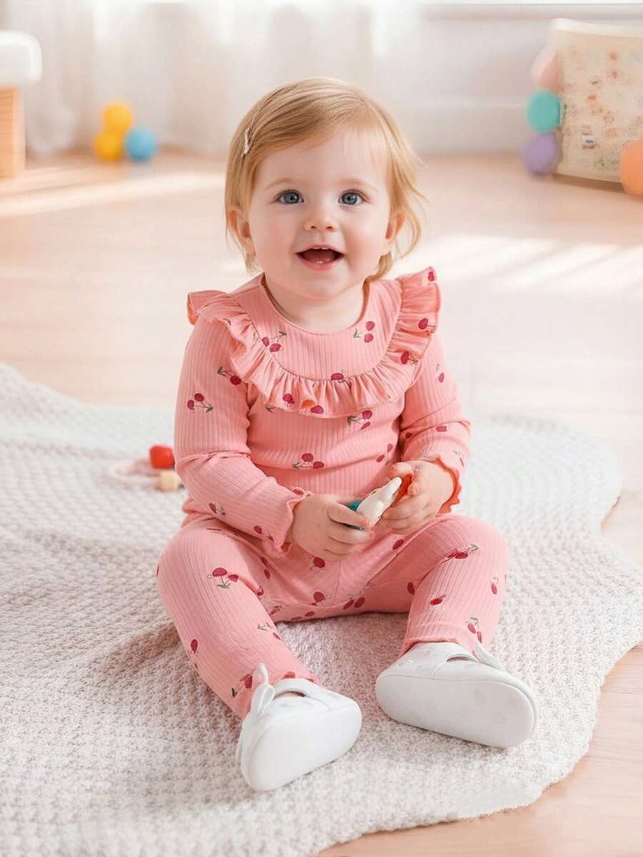 2pcs Baby Girls' Sweet Casual Cherry Print Knitted Top And Pants Set, Spring Autumn - Pink - View 1