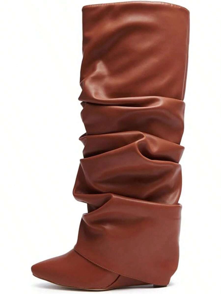 Women's Slouched Ruched Fold Over Boots - Patent Leather Covered Wedge Heel Wide Calf Pointed Toe Knee High Casual Boots - Tan - View 1