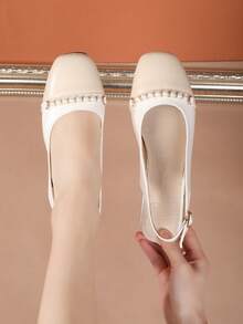 New Elegant Low Heel Closed Toe Sandals For Women, Square Toe Real Leather Color Block Bow Decor Strap Chunky Heel Shoes - Beige - View 3