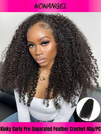 WOWANGEL 40克/件 非洲蓬松卷曲钩编假发，紧密卷曲，预先分开，无羽毛钩编真人发接发，带环，100%真人发，14-24英寸，女士适用