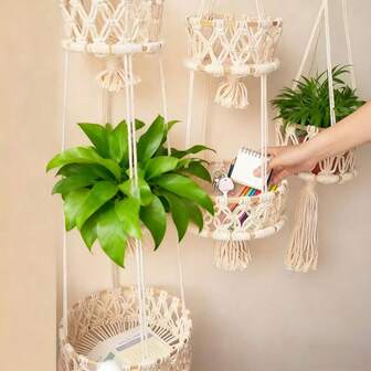 1 pieza Bolsa de red decorativa de estilo bohemio, de 2 o 3 niveles, para almacenamiento en la cocina, organizador colgante para plantas de jardín