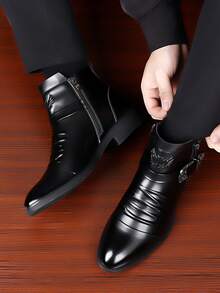 بوت رجالية أنيقة ذات أصابع مدببة للبس الرسمي مزودة بسحاب داخلي سهل الوصول، مزينة برمز جناح وحزام إبزيم أنيق، بوت مثالية للحفلات والمناسبات والأعمال - الأسود - مشاهدة 7