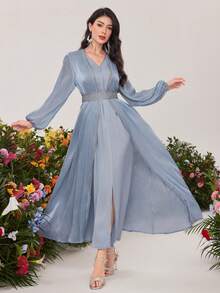 Elegant Cardigan Collar Belted Maxi Dress With Bishop Sleeves And Appliques Perfect For Special Occasions - Dusty Blue - View 1