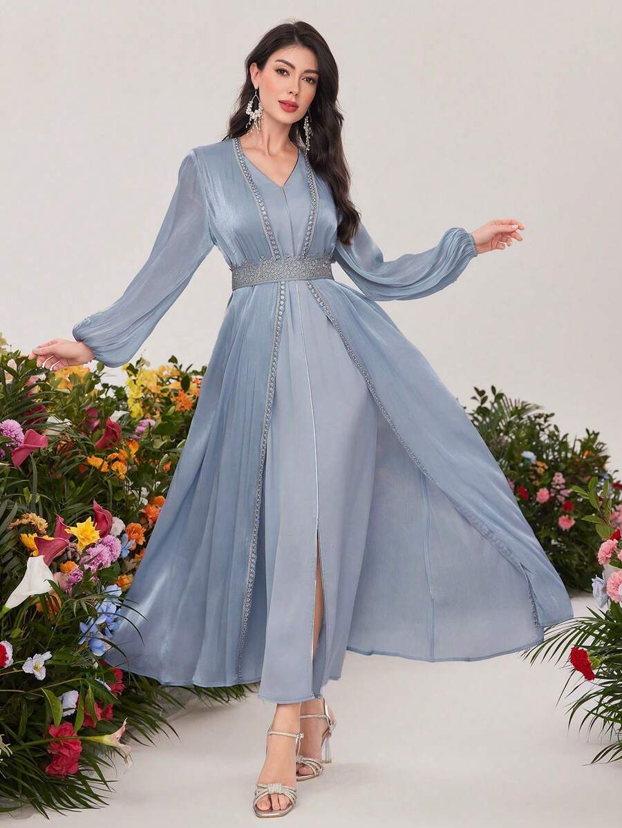 Elegant Cardigan Collar Belted Maxi Dress With Bishop Sleeves And Appliques Perfect For Special Occasions - Dusty Blue - View 1