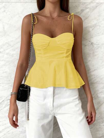 Bluză casual pentru femei, fără mâneci, cu tiv în formă de volane, 1 buc., top elegant minimalist francez, alb pur, cu bretele, crop, maiou ușor, ajustat, pentru vacanță și naveta, model babydoll sexy Y2K, care accentuează formele, primăvară/vară/toamnă