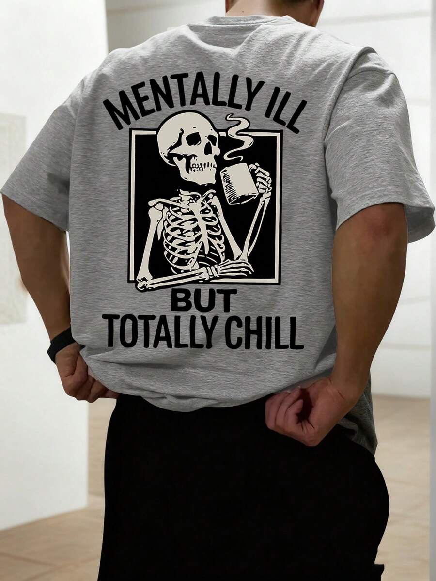 Krometka Men's Casual Versatile Minimalist Street Skull & English Slogan Print Short Sleeve T-Shirt - Grey - View 1