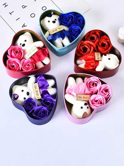1 Pc Heart-Shaped Valentine's Day Gift Box, Includes "I Love You" Text, White Teddy Bear, And 3 Red Roses - Gift For Husband, Wife, Girlfriend, Boyfriend - Suitable For Teddy Bear Day, Anniversary