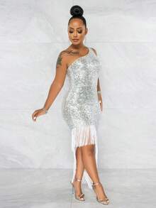 Shoulder Irregular Beaded Sequins Tassel Dress Women's Clothing - Bạc - Xem 2