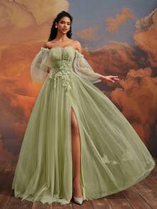 VIPGIRL فستان طويل من التول بتصميم الكتف المنحرف بلون أخضر نعناعي أنيق، فستان سهرة مزين بتطريزات زهرية ثلاثية الأبعاد وشق عالي، فساتين رسمية وسهرة للنساء، فستان حفلات تخرج أحلامي أميرة، فستان سهرة فاخر - مشاهدة 2