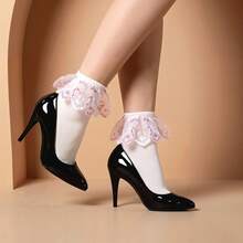 1 Pair Sexy Women's White Velvet 100D Lace Trim Ankle Socks With Black & Red Bow
