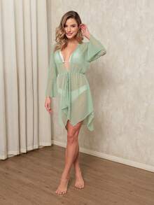 Transparent Tulle Beach Cover-Up With Waist Strap - Light Green - View 3