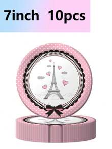10pcs Paris Eiffel Tower Theme Party Cake Plate Round Plates Tableware Set Camping Camping Wedding Banquet Birthday Party Supplies Romantic Paris Creative Theme Party - Multicolor - View 7