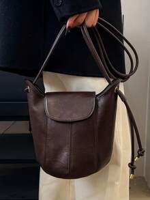 1pc Adjustable Strap Vintage Patchwork Bucket Bag, Minimalist Crossbody Bag For Women - Coffee - View 5