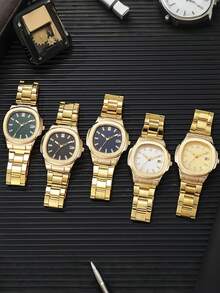 Bộ 1 chiếc đồng hồ nam cao cấp mặt vuông, dây thép không gỉ, mặt số nhiều màu, thích hợp đeo hàng ngày hoặc làm quà tặng cho các dịp như Giáng sinh, Lễ tình nhân, Ramadan, Eid, Lễ hội Carnival, Tết Nguyên đán. - Vàng - Xem 6