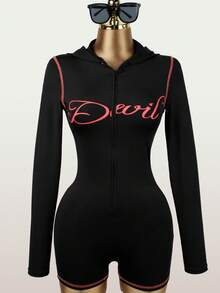 Y2K Going Out Outfit Rompers Graphic Print Track Suit Casual Outfits Long Sleeve Black Rompers For Women