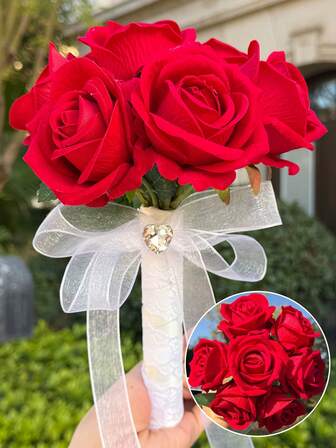 1PC Wedding Bouquets For Bride Bridesmaid, White Red Artificial Roses Flowers Wedding Decoration