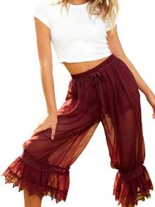 Women Long Bloomer Pants Lace Patchwork Drawstring Elastic Waist Victorian Capri Pants Lounge Pettipants - Màu Đỏ Sâu - Xem 4
