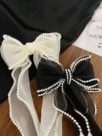 2 件装仿珍珠蝴蝶结装饰发夹，优雅情人节发饰，女士爪夹，发卡，学生用品，大学用品，黑白发夹，珍珠发饰，白色蝴蝶结，黑色蝴蝶结，圣诞节感恩节，发夹