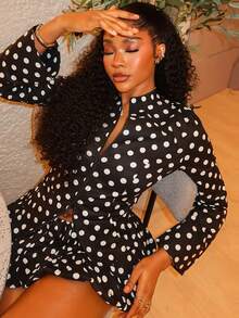 Fashion Women's Clothing Waist White Polka Dot Pleated Skirt Set Long Sleeve Cardigan Zipper Top Short Skirt Two-Piece Set - 黑色 - 查看 3