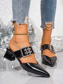 女士尖头穆勒凉鞋，2025春夏新款尖头粗跟穆勒鞋，包头绑带凉鞋，时尚百搭女鞋，纯金属搭扣 - 黑色 - 查看 5