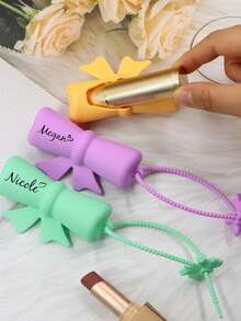 Custom Lipstick Case With Name, Holder, Personalized Holder, Lip Balm Holder, Customized Lip Gloss Holder Keychain, Customizable Bow Lipstick Protective Case, Valentine'S Day, Birthday Gifts, Silicone, Travel Essentials, Wedding Accessories, Family, Couple, Sisters, Friend, Mom - Style a - View 3